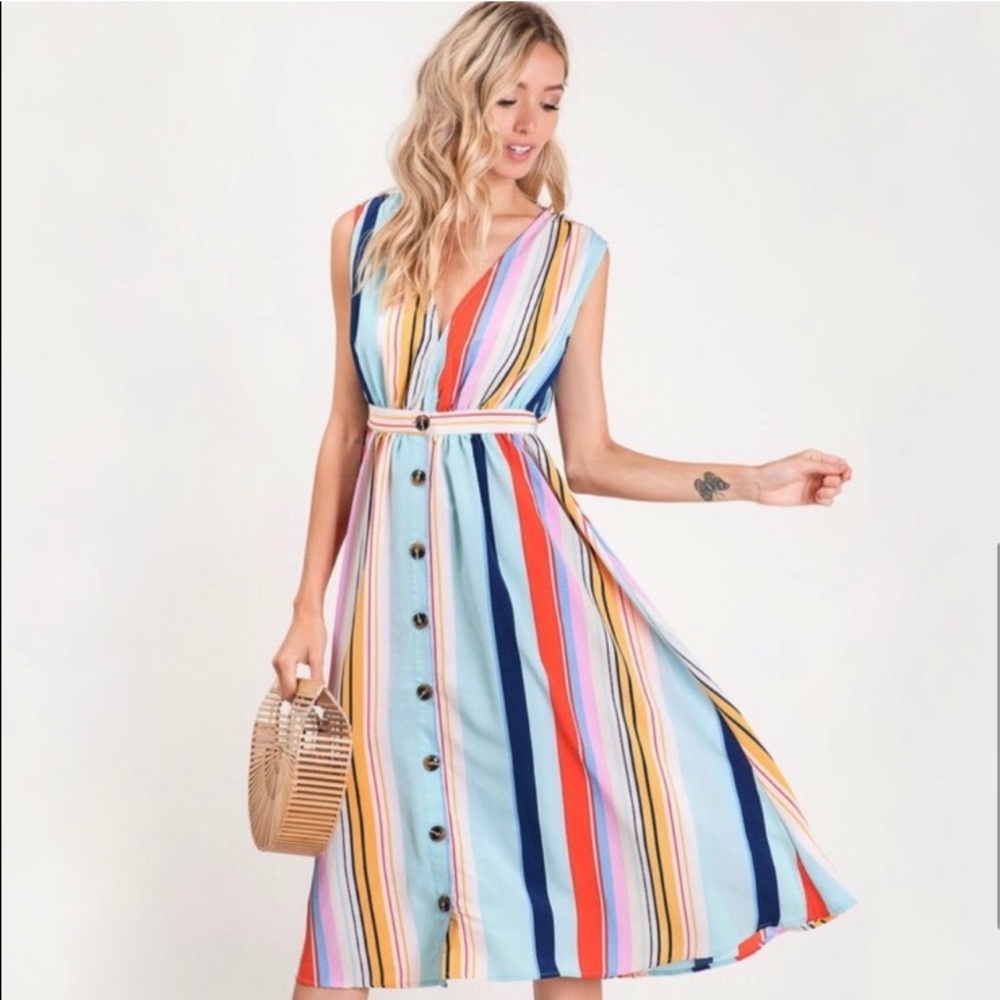 Stunning colorful stripes women’s midi dress spring summer - Picture 4 of 5